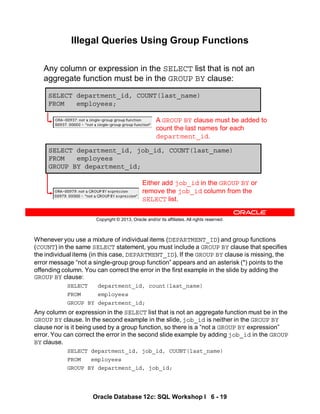 Whenever you use a mixture of individual items (DEPARTMENT_ID) and group functions
(COUNT) in the same SELECT statement, you must include a GROUP BY clause that specifies
the individual items (in this case, DEPARTMENT_ID). If the GROUP BY clause is missing, the
error message “not a single-group group function” appears and an asterisk (*) points to the
offending column. You can correct the error in the first example in the slide by adding the
GROUP BY clause:
SELECT department_id, count(last_name)
FROM employees
GROUP BY department_id;
Any column or expression in the SELECT list that is not an aggregate function must be in the
GROUP BY clause. In the second example in the slide, job_id is neither in the GROUP BY
clause nor is it being used by a group function, so there is a “not a GROUP BY expression”
error. You can correct the error in the second slide example by adding job_id in the GROUP
BY clause.
SELECT department_id, job_id, COUNT(last_name)
FROM employees
GROUP BY department_id, job_id;
Oracle Database 12c: SQL Workshop I 6 - 19
Copyright © 2013, Oracle and/or its affiliates. All rights reserved.
Illegal Queries Using Group Functions
Any column or expression in the SELECT list that is not an
aggregate function must be in the GROUP BY clause:
SELECT department_id, COUNT(last_name)
FROM employees;
SELECT department_id, job_id, COUNT(last_name)
FROM employees
GROUP BY department_id;
A GROUP BY clause must be added to
count the last names for each
department_id.
Either add job_id in the GROUP BY or
remove the job_id column from the
SELECT list.
 