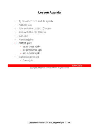 Oracle Database 12c: SQL Workshop I 7 - 25
Copyright © 2013, Oracle and/or its affiliates. All rights reserved.
Lesson Agenda
• Types of JOINS and its syntax
• Natural join
• Join with the USING Clause
• Join with the ON Clause
• Self-join
• Nonequijoins
• OUTER join:
– LEFT OUTER join
– RIGHT OUTER join
– FULL OUTER join
• Cartesian product
– Cross join
 