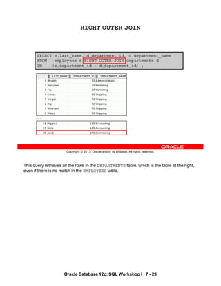 This query retrieves all the rows in the DEPARTMENTS table, which is the table at the right,
even if there is no match in the EMPLOYEES table.
Oracle Database 12c: SQL Workshop I 7 - 29
Copyright © 2013, Oracle and/or its affiliates. All rights reserved.
SELECT e.last_name, d.department_id, d.department_name
FROM employees e RIGHT OUTER JOIN departments d
ON (e.department_id = d.department_id) ;
RIGHT OUTER JOIN
…
 