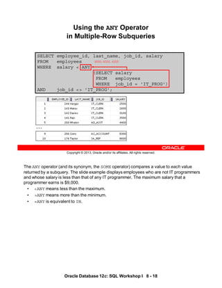 The ANY operator (and its synonym, the SOME operator) compares a value to each value
returned by a subquery. The slide example displays employees who are not IT programmers
and whose salary is less than that of any IT programmer. The maximum salary that a
programmer earns is $9,000.
• <ANY means less than the maximum.
• >ANY means more than the minimum.
• =ANY is equivalent to IN.
Oracle Database 12c: SQL Workshop I 8 - 18
Copyright © 2013, Oracle and/or its affiliates. All rights reserved.
SELECT employee_id, last_name, job_id, salary
FROM employees
WHERE salary < ANY
(SELECT salary
FROM employees
WHERE job_id = 'IT_PROG')
AND job_id <> 'IT_PROG';
Using the ANY Operator
in Multiple-Row Subqueries
9000, 6000, 4200
…
 