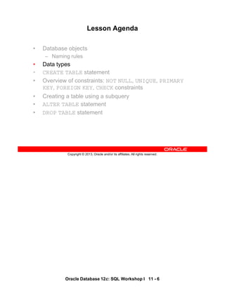 Oracle Database 12c: SQL Workshop I 11 - 6
Copyright © 2013, Oracle and/or its affiliates. All rights reserved.
Lesson Agenda
• Database objects
– Naming rules
• Data types
• CREATE TABLE statement
• Overview of constraints: NOT NULL, UNIQUE, PRIMARY
KEY, FOREIGN KEY, CHECK constraints
• Creating a table using a subquery
• ALTER TABLE statement
• DROP TABLE statement
 