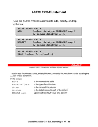 You can add columns to a table, modify columns, and drop columns from a table by using the
ALTER TABLE statement.
In the syntax:
table Is the name of the table
ADD|MODIFY|DROP Is the type of modification
column Is the name of the column
datatype Is the data type and length of the column
DEFAULT expr Specifies the default value for a column
Oracle Database 12c: SQL Workshop I 11 - 35
Copyright © 2013, Oracle and/or its affiliates. All rights reserved.
ALTER TABLE Statement
Use the ALTER TABLE statement to add, modify, or drop
columns:
ALTER TABLE table
ADD (column datatype [DEFAULT expr]
[, column datatype]...);
ALTER TABLE table
MODIFY (column datatype [DEFAULT expr]
[, column datatype]...);
ALTER TABLE table
DROP (column [, column] …);
 