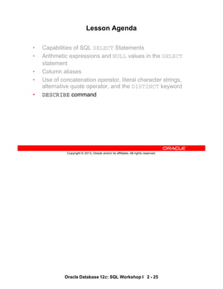 Oracle Database 12c: SQL Workshop I 2 - 25
Copyright © 2013, Oracle and/or its affiliates. All rights reserved.
Lesson Agenda
• Capabilities of SQL SELECT Statements
• Arithmetic expressions and NULL values in the SELECT
statement
• Column aliases
• Use of concatenation operator, literal character strings,
alternative quote operator, and the DISTINCT keyword
• DESCRIBE command
 