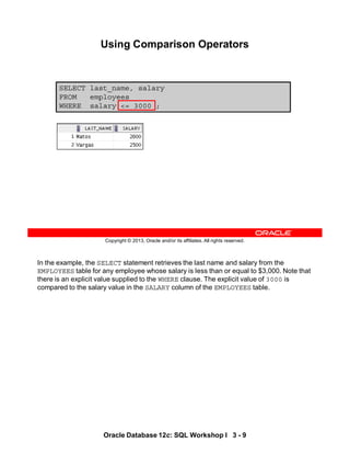 In the example, the SELECT statement retrieves the last name and salary from the
EMPLOYEES table for any employee whose salary is less than or equal to $3,000. Note that
there is an explicit value supplied to the WHERE clause. The explicit value of 3000 is
compared to the salary value in the SALARY column of the EMPLOYEES table.
Oracle Database 12c: SQL Workshop I 3 - 9
Copyright © 2013, Oracle and/or its affiliates. All rights reserved.
SELECT last_name, salary
FROM employees
WHERE salary <= 3000 ;
Using Comparison Operators
 