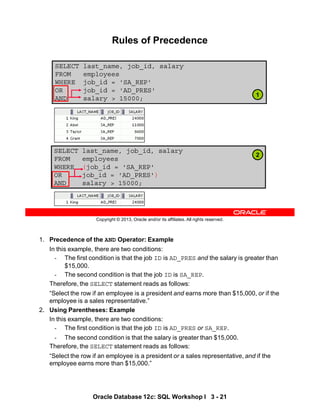 1. Precedence of the AND Operator: Example
In this example, there are two conditions:
- The first condition is that the job ID is AD_PRES and the salary is greater than
$15,000.
- The second condition is that the job ID is SA_REP.
Therefore, the SELECT statement reads as follows:
“Select the row if an employee is a president and earns more than $15,000, or if the
employee is a sales representative.”
2. Using Parentheses: Example
In this example, there are two conditions:
- The first condition is that the job ID is AD_PRES or SA_REP.
- The second condition is that the salary is greater than $15,000.
Therefore, the SELECT statement reads as follows:
“Select the row if an employee is a president or a sales representative, and if the
employee earns more than $15,000.”
Oracle Database 12c: SQL Workshop I 3 - 21
Copyright © 2013, Oracle and/or its affiliates. All rights reserved.
SELECT last_name, job_id, salary
FROM employees
WHERE job_id = 'SA_REP'
OR job_id = 'AD_PRES'
AND salary > 15000;
Rules of Precedence
SELECT last_name, job_id, salary
FROM employees
WHERE (job_id = 'SA_REP'
OR job_id = 'AD_PRES')
AND salary > 15000;
1
2
 