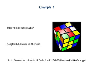 Example 1
How to play Rubik Cube?
Google: Rubik cube in 26 steps
http://www.cse.cuhk.edu.hk/~chi/csc2110-2008/notes/Rubik-Cube.ppt
 