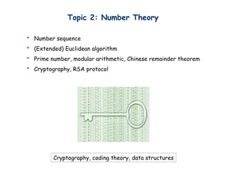 Topic 2: Number Theory
? Number sequence
? (Extended) Euclidean algorithm
? Prime number, modular arithmetic, Chinese remainder theorem
? Cryptography, RSA protocol
Cryptography, coding theory, data structures
 