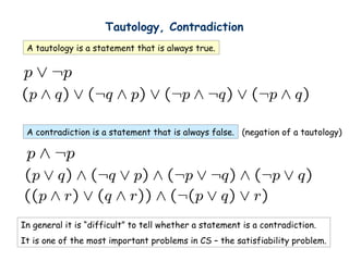 Tautology, Contradiction
A tautology is a statement that is always true.
A contradiction is a statement that is always false. (negation of a tautology)
In general it is difficult to tell whether a statement is a contradiction.
It is one of the most important problems in CS C the satisfiability problem.
 