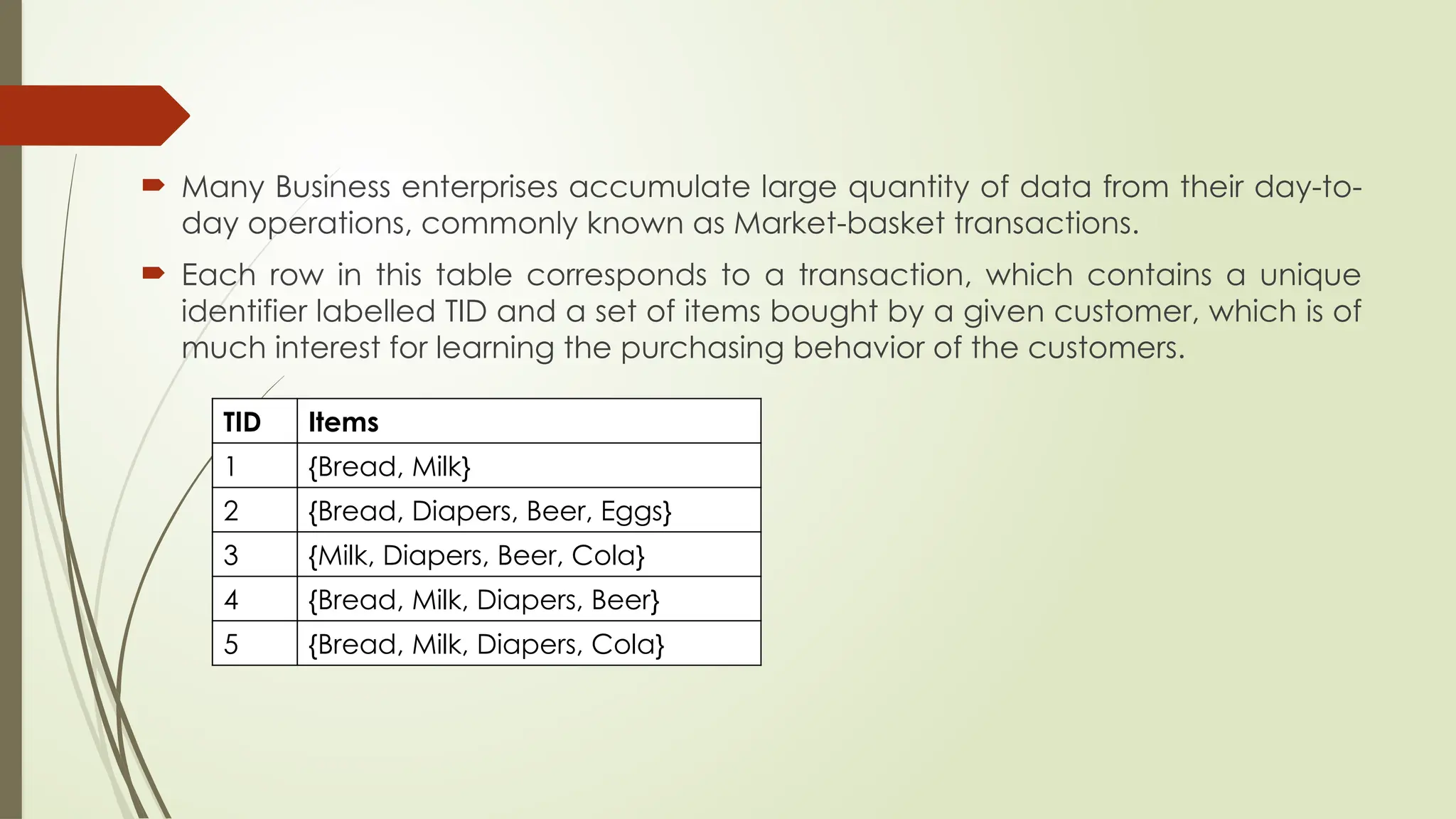  Many Business enterprises accumulate large quantity of data from their day-to-
day operations, commonly known as Market-basket transactions.
 Each row in this table corresponds to a transaction, which contains a unique
identifier labelled TID and a set of items bought by a given customer, which is of
much interest for learning the purchasing behavior of the customers.
TID Items
1 {Bread, Milk}
2 {Bread, Diapers, Beer, Eggs}
3 {Milk, Diapers, Beer, Cola}
4 {Bread, Milk, Diapers, Beer}
5 {Bread, Milk, Diapers, Cola}
 