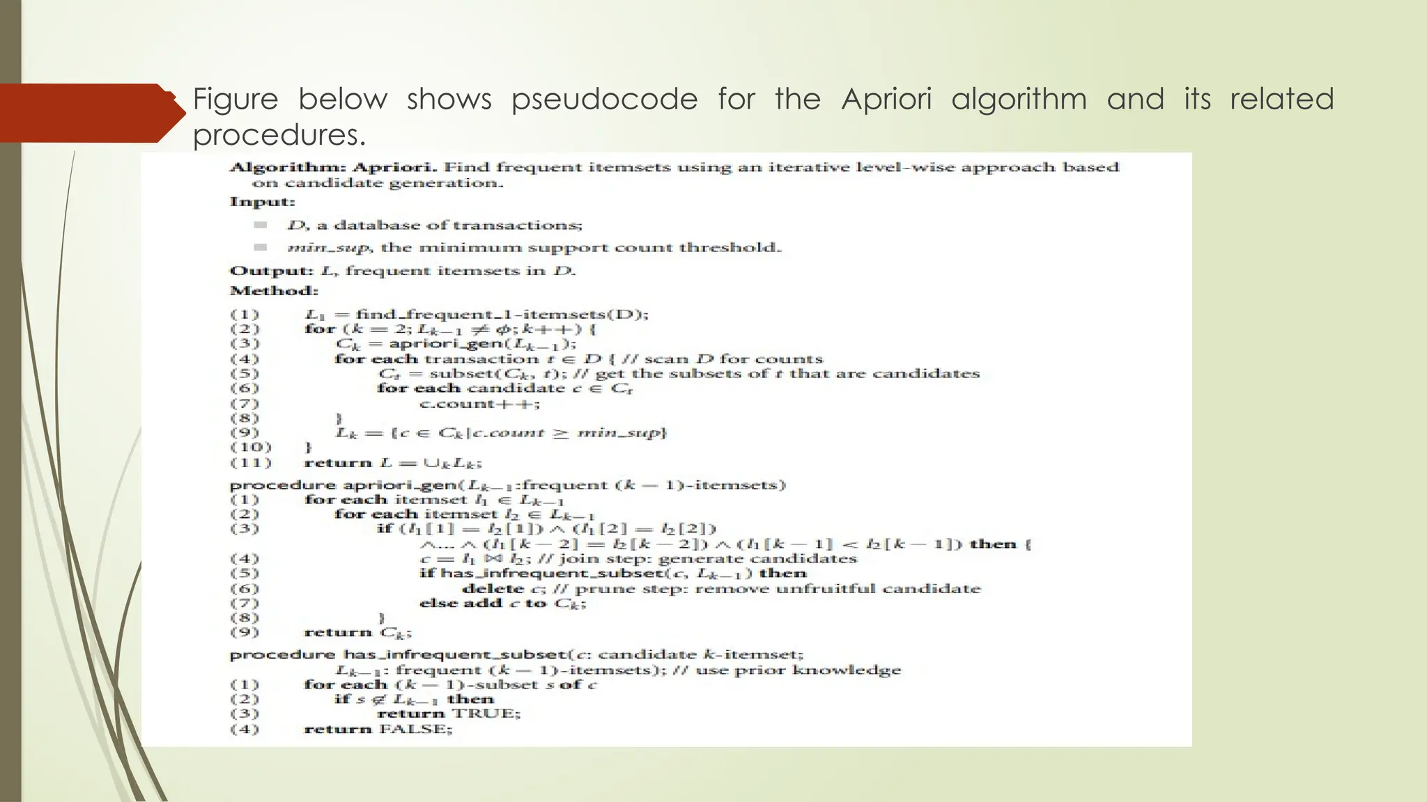  Figure below shows pseudocode for the Apriori algorithm and its related
procedures.
 