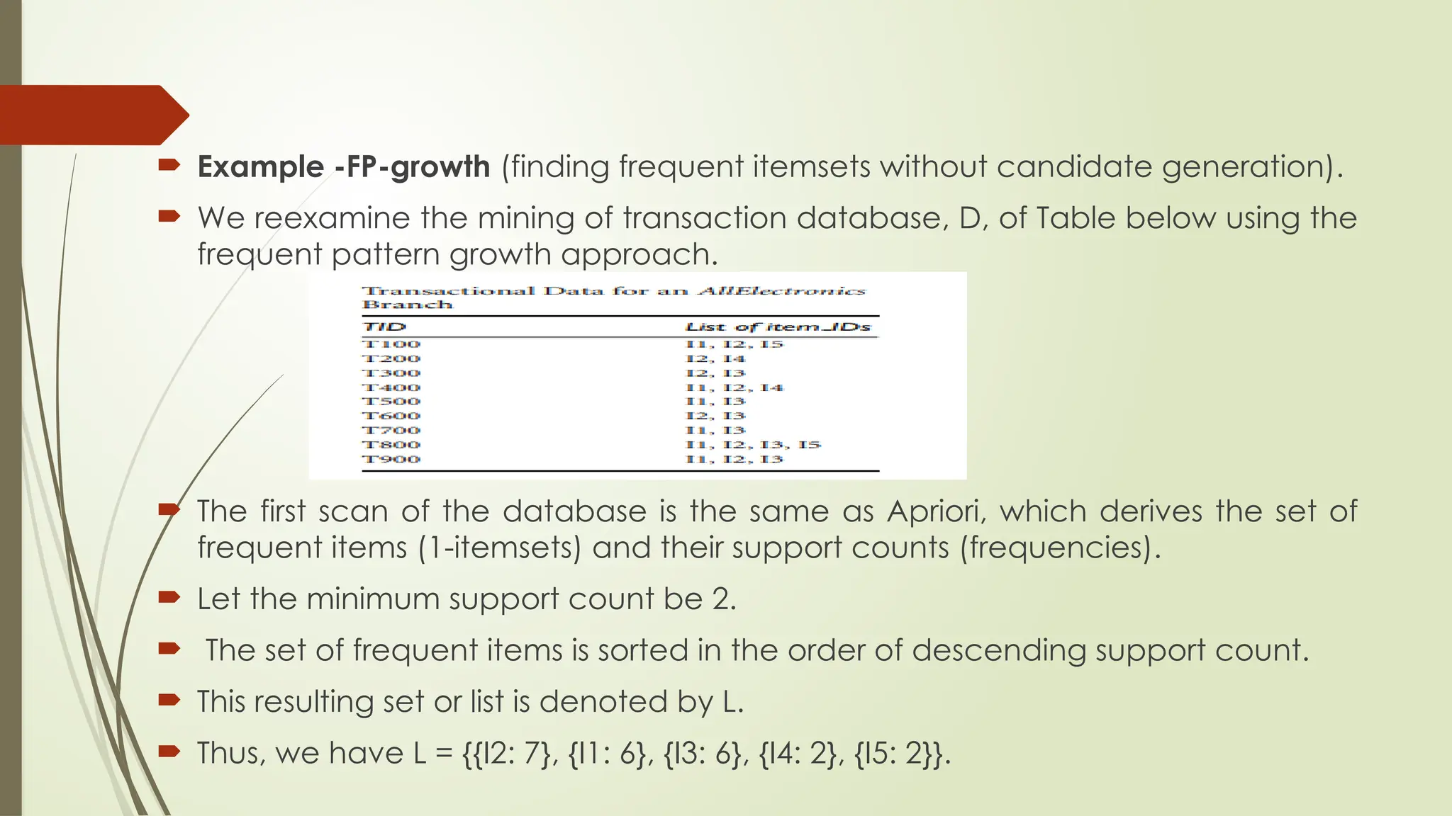  Example -FP-growth (finding frequent itemsets without candidate generation).
 We reexamine the mining of transaction database, D, of Table below using the
frequent pattern growth approach.
 The first scan of the database is the same as Apriori, which derives the set of
frequent items (1-itemsets) and their support counts (frequencies).
 Let the minimum support count be 2.
 The set of frequent items is sorted in the order of descending support count.
 This resulting set or list is denoted by L.
 Thus, we have L = {{I2: 7}, {I1: 6}, {I3: 6}, {I4: 2}, {I5: 2}}.
 