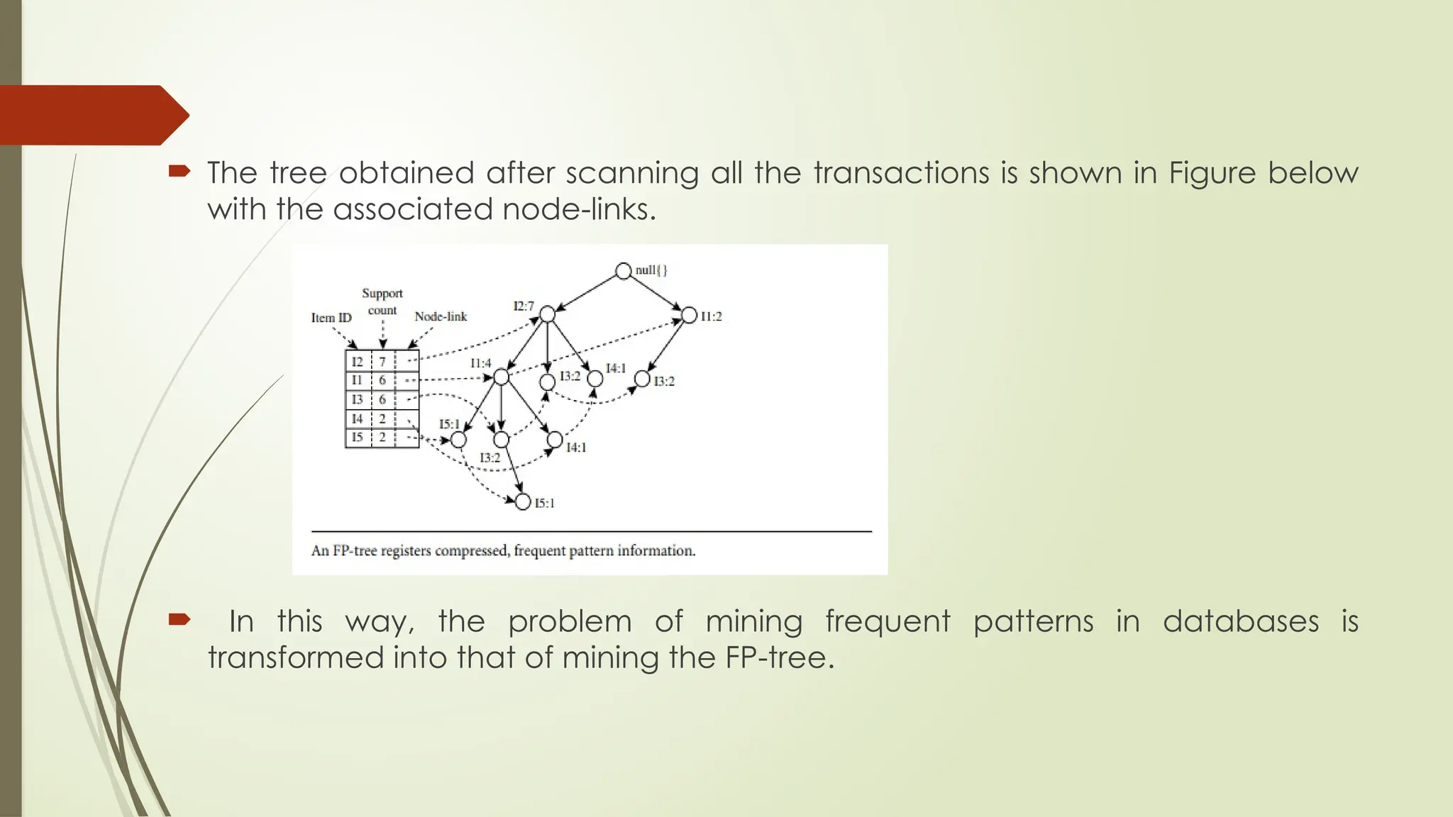 The tree obtained after scanning all the transactions is shown in Figure below
with the associated node-links.
 In this way, the problem of mining frequent patterns in databases is
transformed into that of mining the FP-tree.
 