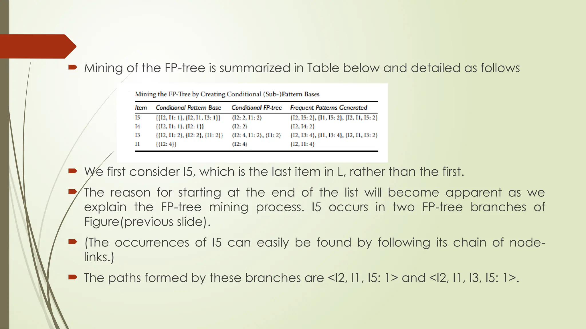  Mining of the FP-tree is summarized in Table below and detailed as follows
 We first consider I5, which is the last item in L, rather than the first.
 The reason for starting at the end of the list will become apparent as we
explain the FP-tree mining process. I5 occurs in two FP-tree branches of
Figure(previous slide).
 (The occurrences of I5 can easily be found by following its chain of node-
links.)
 The paths formed by these branches are <I2, I1, I5: 1> and <I2, I1, I3, I5: 1>.
 