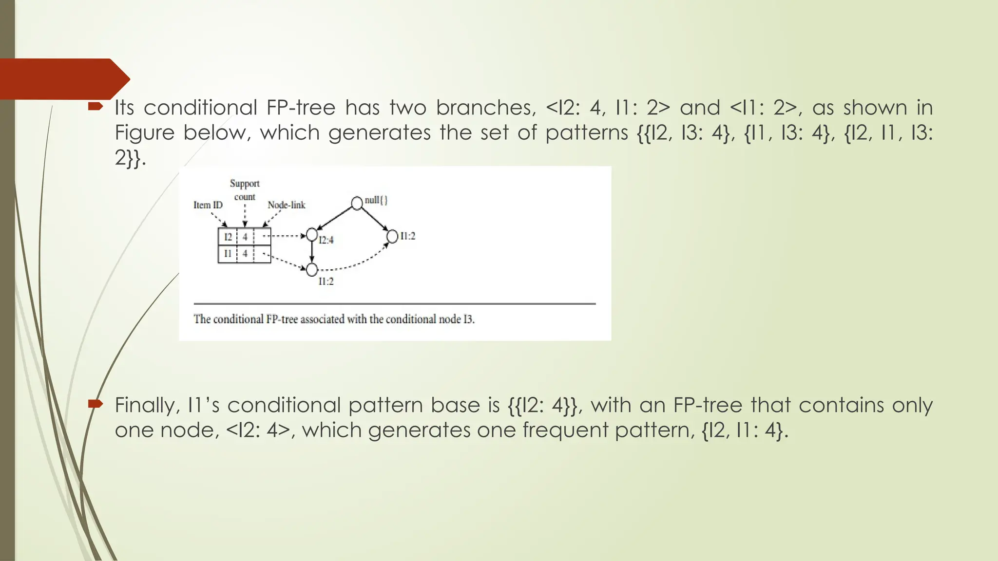  Its conditional FP-tree has two branches, <I2: 4, I1: 2> and <I1: 2>, as shown in
Figure below, which generates the set of patterns {{I2, I3: 4}, {I1, I3: 4}, {I2, I1, I3:
2}}.
 Finally, I1’s conditional pattern base is {{I2: 4}}, with an FP-tree that contains only
one node, <I2: 4>, which generates one frequent pattern, {I2, I1: 4}.
 