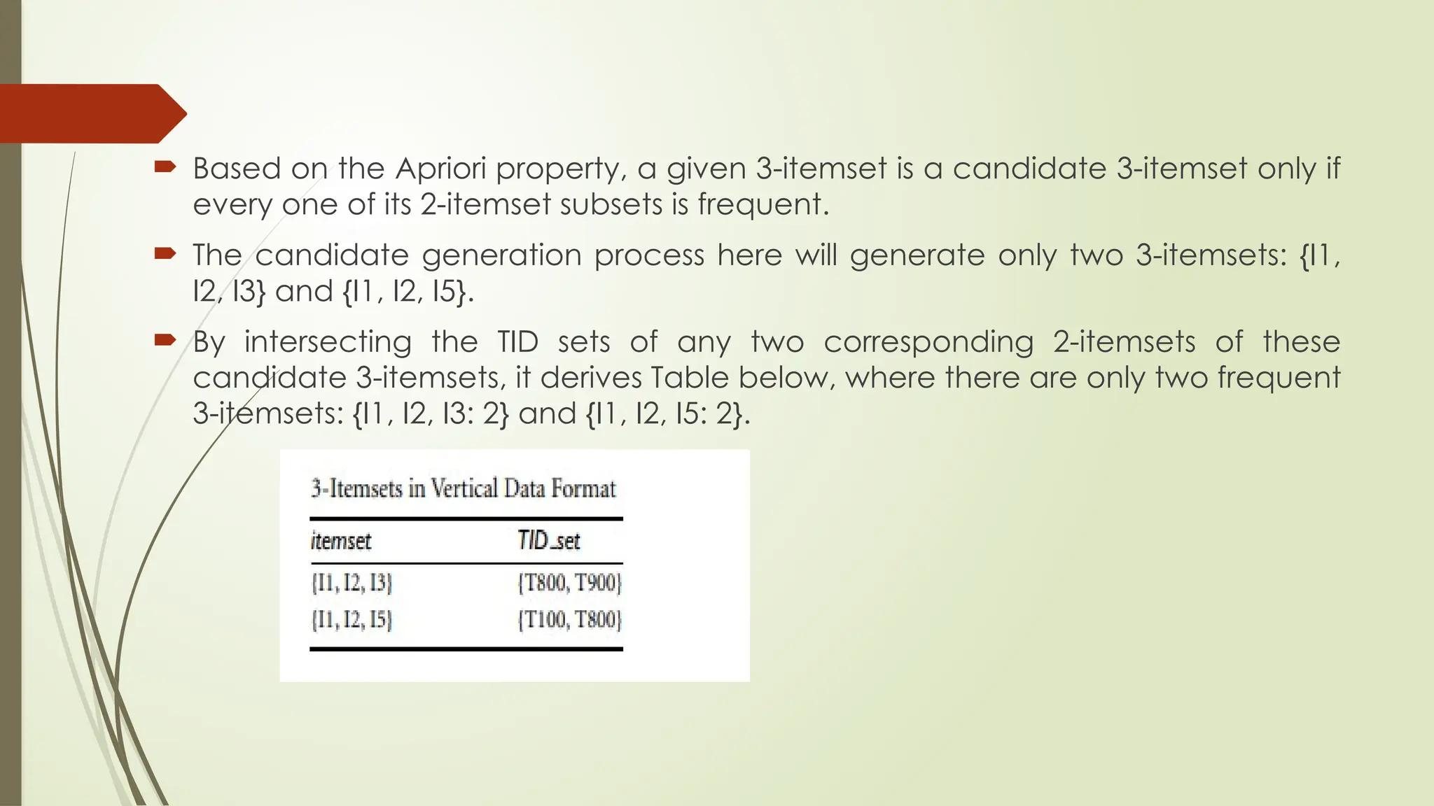 Based on the Apriori property, a given 3-itemset is a candidate 3-itemset only if
every one of its 2-itemset subsets is frequent.
 The candidate generation process here will generate only two 3-itemsets: {I1,
I2, I3} and {I1, I2, I5}.
 By intersecting the TID sets of any two corresponding 2-itemsets of these
candidate 3-itemsets, it derives Table below, where there are only two frequent
3-itemsets: {I1, I2, I3: 2} and {I1, I2, I5: 2}.
 