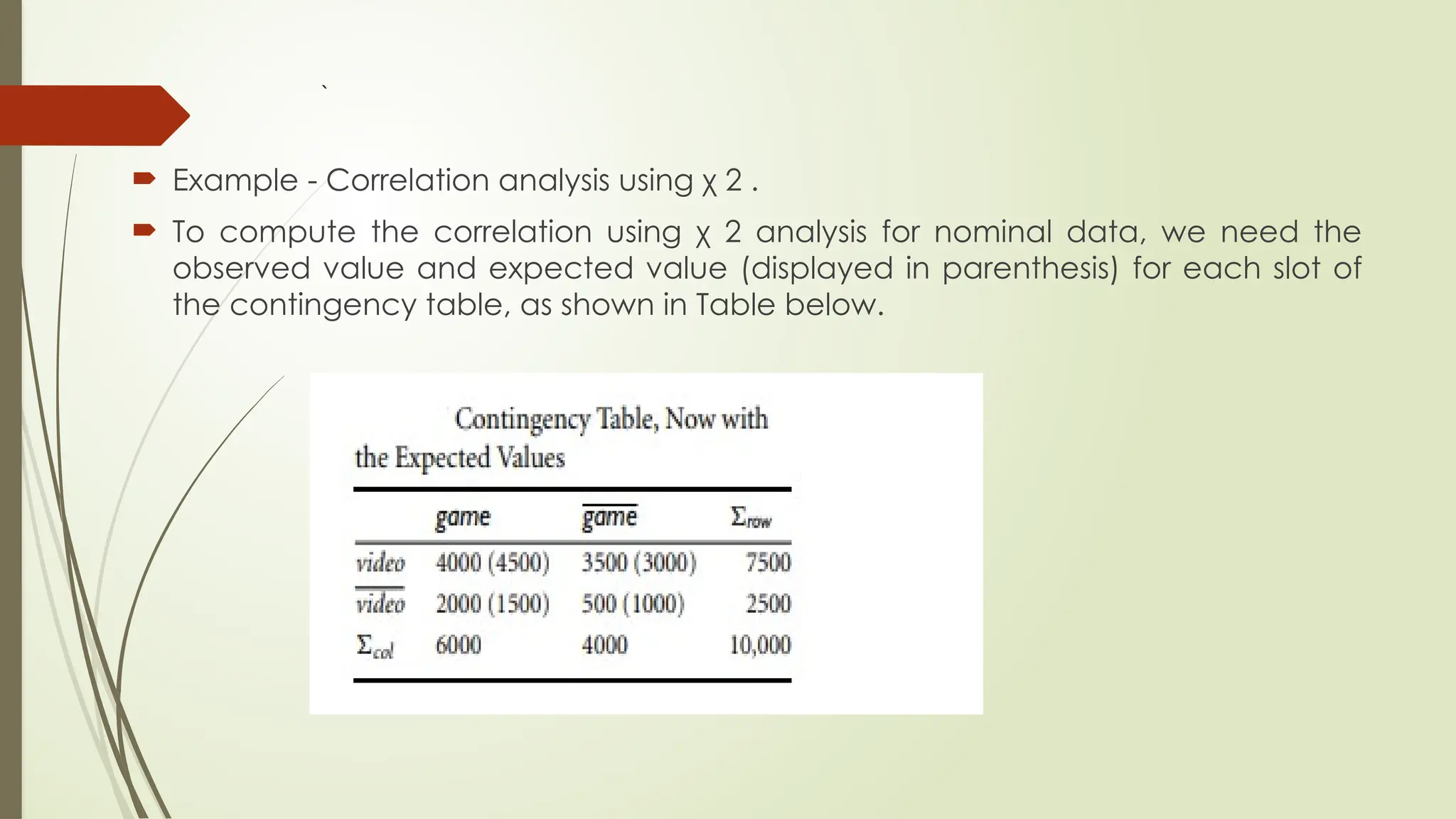 `
 Example - Correlation analysis using χ 2 .
 To compute the correlation using χ 2 analysis for nominal data, we need the
observed value and expected value (displayed in parenthesis) for each slot of
the contingency table, as shown in Table below.
 