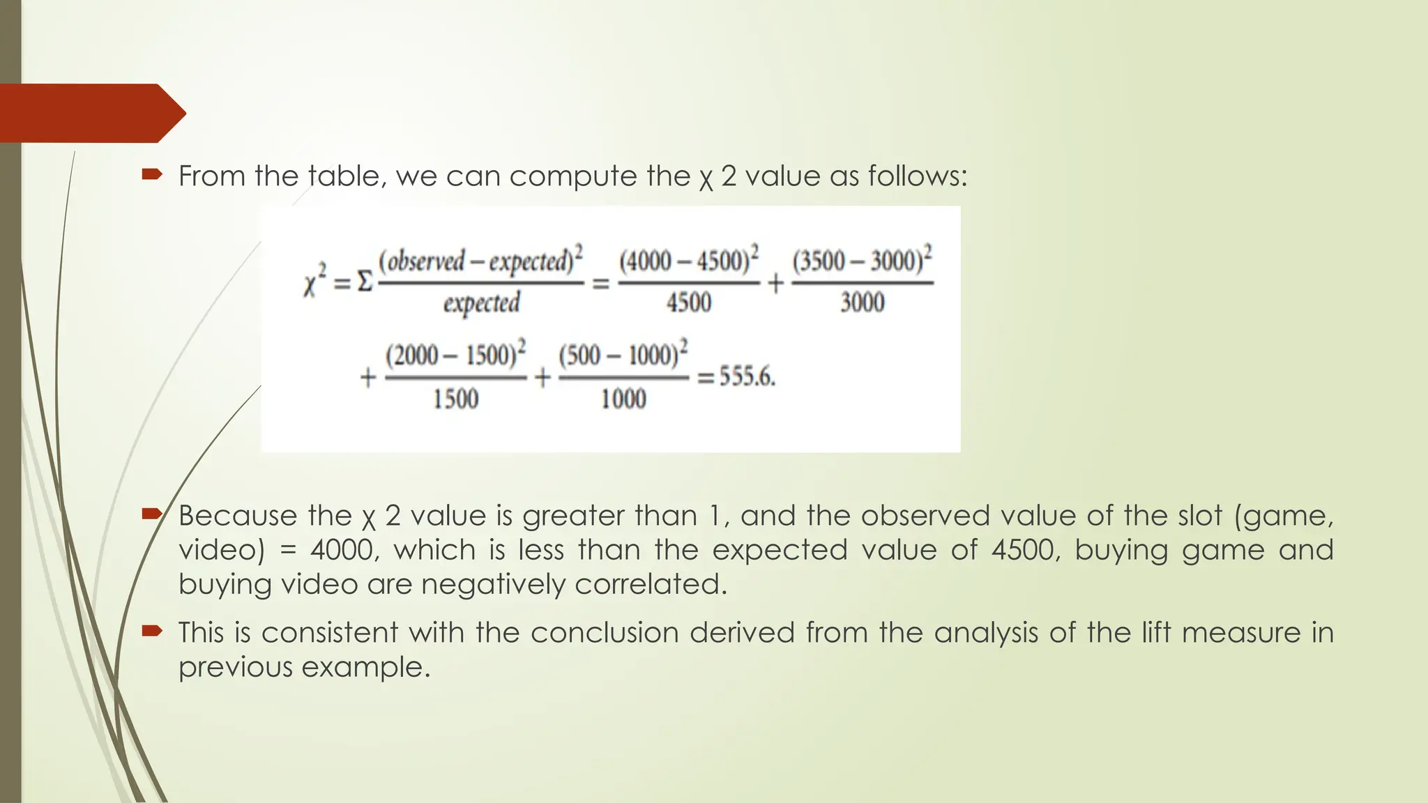  From the table, we can compute the χ 2 value as follows:
 Because the χ 2 value is greater than 1, and the observed value of the slot (game,
video) = 4000, which is less than the expected value of 4500, buying game and
buying video are negatively correlated.
 This is consistent with the conclusion derived from the analysis of the lift measure in
previous example.
 
