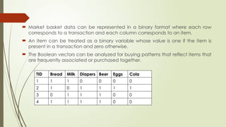  Market basket data can be represented in a binary format where each row
corresponds to a transaction and each column corresponds to an item.
 An item can be treated as a binary variable whose value is one if the item is
present in a transaction and zero otherwise.
 The Boolean vectors can be analyzed for buying patterns that reflect items that
are frequently associated or purchased together.
TID Bread Milk Diapers Beer Eggs Cola
1 1 1 0 0 0 0
2 1 0 1 1 1 1
3 0 1 1 1 0 0
4 1 1 1 1 0 0
 