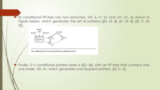  Its conditional FP-tree has two branches, <I2: 4, I1: 2> and <I1: 2>, as shown in
Figure below, which generates the set of patterns {{I2, I3: 4}, {I1, I3: 4}, {I2, I1, I3:
2}}.
 Finally, I1’s conditional pattern base is {{I2: 4}}, with an FP-tree that contains only
one node, <I2: 4>, which generates one frequent pattern, {I2, I1: 4}.
 