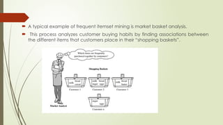  A typical example of frequent itemset mining is market basket analysis.
 This process analyzes customer buying habits by finding associations between
the different items that customers place in their “shopping baskets”.
 