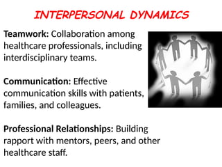 INTERPERSONAL DYNAMICS
Teamwork: Collaboration among
healthcare professionals, including
interdisciplinary teams.
Communication: Effective
communication skills with patients,
families, and colleagues.
Professional Relationships: Building
rapport with mentors, peers, and other
healthcare staff.
 