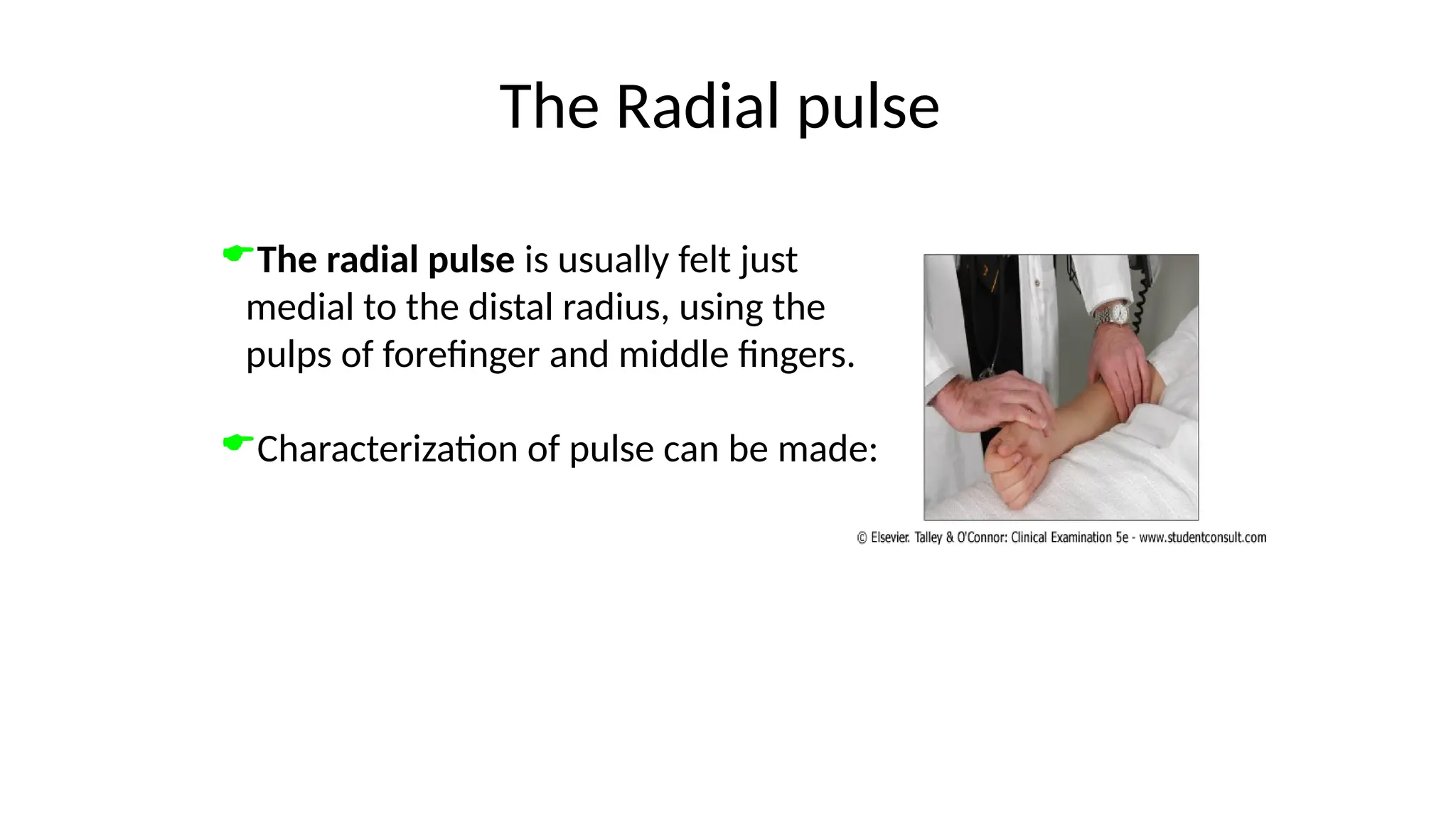 The Radial pulse
The radial pulse is usually felt just
medial to the distal radius, using the
pulps of forefinger and middle fingers.
Characterization of pulse can be made:
 