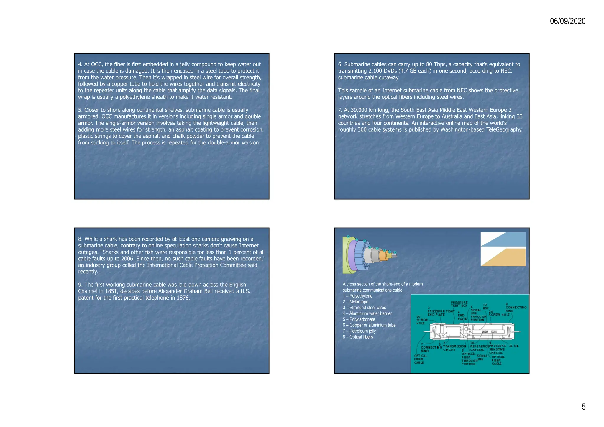 06/09/2020
5
4. At OCC, the fiber is first embedded in a jelly compound to keep water out
in case the cable is damaged. It is then encased in a steel tube to protect it
from the water pressure. Then it's wrapped in steel wire for overall strength,
followed by a copper tube to hold the wires together and transmit electricity
to the repeater units along the cable that amplify the data signals. The final
wrap is usually a polyethylene sheath to make it water resistant.
5. Closer to shore along continental shelves, submarine cable is usually
armored. OCC manufactures it in versions including single armor and double
armor. The single-armor version involves taking the lightweight cable, then
adding more steel wires for strength, an asphalt coating to prevent corrosion,
plastic strings to cover the asphalt and chalk powder to prevent the cable
from sticking to itself. The process is repeated for the double-armor version.
6. Submarine cables can carry up to 80 Tbps, a capacity that's equivalent to
transmitting 2,100 DVDs (4.7 GB each) in one second, according to NEC.
submarine cable cutaway
This sample of an Internet submarine cable from NEC shows the protective
layers around the optical fibers including steel wires.
7. At 39,000 km long, the South East Asia Middle East Western Europe 3
network stretches from Western Europe to Australia and East Asia, linking 33
countries and four continents. An interactive online map of the world's
roughly 300 cable systems is published by Washington-based TeleGeography.
8. While a shark has been recorded by at least one camera gnawing on a
submarine cable, contrary to online speculation sharks don't cause Internet
outages. "Sharks and other fish were responsible for less than 1 percent of all
cable faults up to 2006. Since then, no such cable faults have been recorded,"
an industry group called the International Cable Protection Committee said
recently.
9. The first working submarine cable was laid down across the English
Channel in 1851, decades before Alexander Graham Bell received a U.S.
patent for the first practical telephone in 1876.
A cross section of the shore-end of a modern
submarine communications cable.
1 – Polyethylene
2 – Mylar tape
3 – Stranded steel wires
4 – Aluminium water barrier
5 – Polycarbonate
6 – Copper or aluminium tube
7 – Petroleum jelly
8 – Optical fibers
 