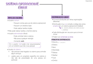 • não precisam estar logados no sistema para controlar
alguns serviços
• usados para um propósito específico do sistema e
não são de propriedade de uma pessoa em
particular
PRINCIPAIS DISTRIBUIÇÕES
(o + popular!)
TIPOS DE USUÁRIO DISTRIBUIÇÕES LINUX
Usuário comum
Possuem contas para uso do sistema operacional
Possuem um diretório base
Pode realizar tarefas simples
Não pode realizar tarefas a nível de sistema
Usuário administrador (Root)
Pode controlar todo o sistema
Não possui qualquer restrição
Comando sudo
Só o usuário root pode criar arquivos/pastas
em um diretório que não o seu pessoal.
Usuário de sistema
O Linux é produzido por várias organizações
diferentes
Distribuição Linux compila o código dos vários
projetos em um sistema operacional instalável.
Ex.: kernel, utilitários de shell, servidor
x, desktop.
Cada distribuição tem recursos que as tornam
únicas
Podem ser comerciais ou livres
Ubuntu
Fedora
Mint
Mandrake
Debian
Redhat
Suse
Centos
sistema operacional
linux
 