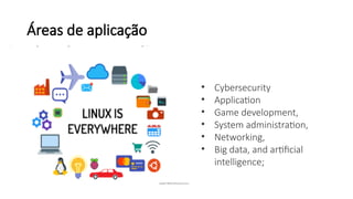• Cybersecurity
• Application
• Game development,
• System administration,
• Networking,
• Big data, and artificial
intelligence;
Áreas de aplicação
 