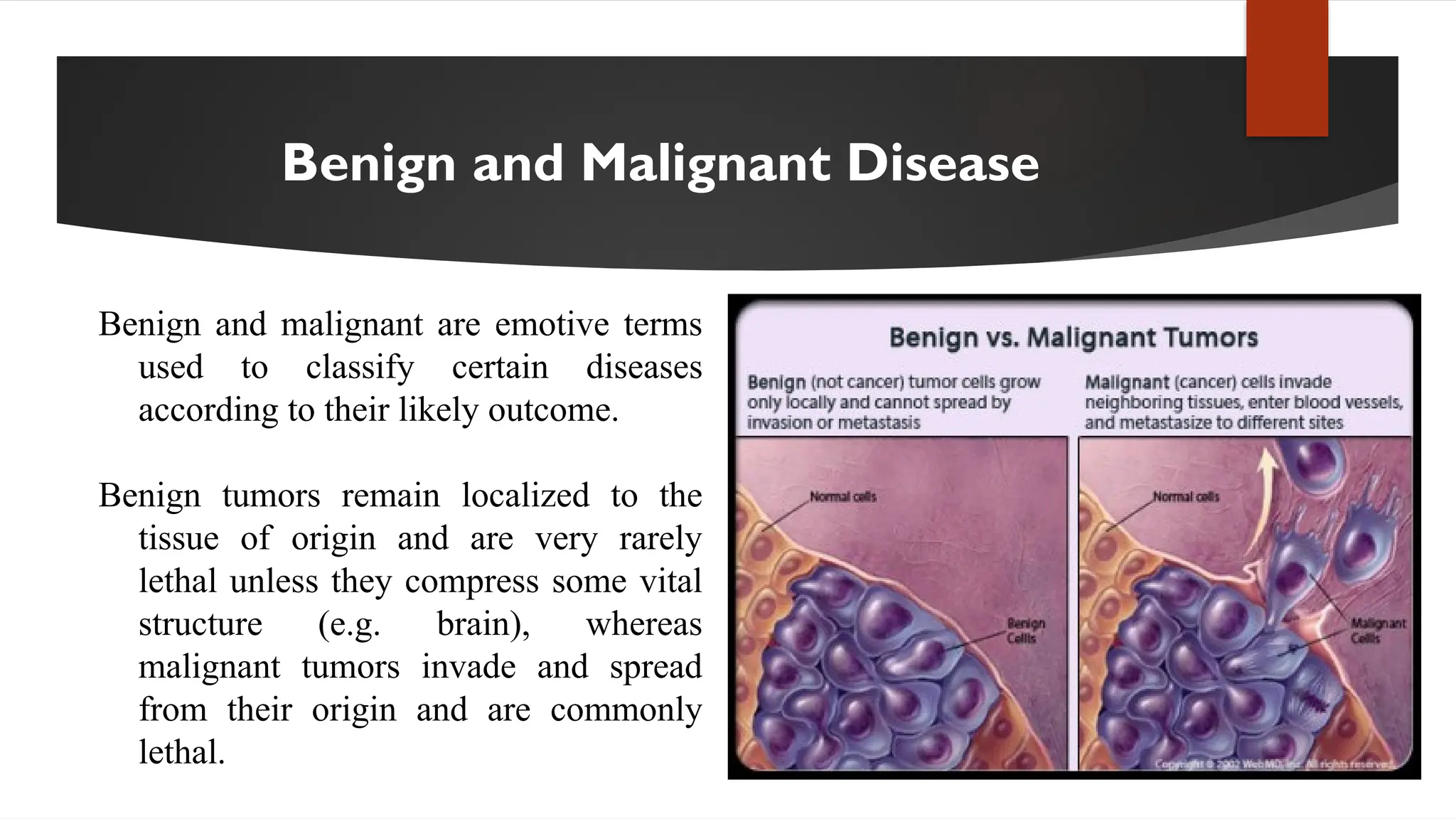 Benign and Malignant Disease
Benign and malignant are emotive terms
used to classify certain diseases
according to their likely outcome.
Benign tumors remain localized to the
tissue of origin and are very rarely
lethal unless they compress some vital
structure (e.g. brain), whereas
malignant tumors invade and spread
from their origin and are commonly
lethal.
 