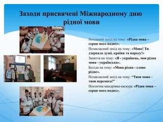 Заходи присвячені Міжнародному дню
рідної мови
 Виховний захід на тему: «Рідна мова –
серця мого подих».
 Позакласний захід на тему: «Мово! Ти
дзеркало душі, країни та народу!»
 Заняття на тему: «Я - українець, моя рідна
мова - українська».
 Бесіди на тему: «Мова рідна - слово
рідне».
 Позакласний захід на тему: “Твоя мова –
твоя перемога!”
 Поетична мандрівка-екскурс «Рідна мова –
серця мого подих».
 