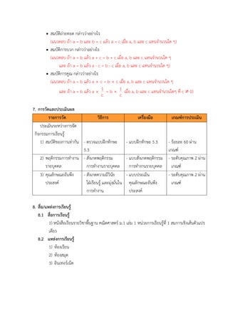 • สมบัติถ่ายทอด กล่าวว่าอย่างไร
(แนวตอบ ถ้า a = b และ b = c แล้ว a = c เมื่อ a, b และ c แทนจำนวนใด ๆ)
• สมบัติการบวก กล่าวว่าอย่างไร
(แนวตอบ ถ้า a = b แล้ว a + c = b + c เมื่อ a, b และ c แทนจำนวนใด ๆ
และ ถ้า a = b แล้ว a - c = b - c เมื่อ a, b และ c แทนจำนวนใด ๆ)
• สมบัติการคูณ กล่าวว่าอย่างไร
(แนวตอบ ถ้า a = b แล้ว a  c = b  c เมื่อ a, b และ c แทนจำนวนใด ๆ
และ ถ้า a = b แล้ว a 
1
c
= b 
1
c
เมื่อ a, b และ c แทนจำนวนใดๆ ที่ c  0)
7. การวัดและประเมินผล
รายการวัด วิธีการ เครื่องมือ เกณฑ์การประเมิน
ประเมินระหว่างการจัด
กิจกรรมการเรียนรู้
1) สมบัติของการเท่ากัน - ตรวจแบบฝึกทักษะ
5.3
- แบบฝึกทักษะ 5.3 - ร้อยละ 60 ผ่าน
เกณฑ์
2) พฤติกรรมการทำงาน
รายบุคคล
- สังเกตพฤติกรรม
การทำงานรายบุคคล
- แบบสังเกตพฤติกรรม
การทำงานรายบุคคล
- ระดับคุณภาพ 2 ผ่าน
เกณฑ์
3) คุณลักษณะอันพึง
ประสงค์
- สังเกตความมีวินัย
ใฝ่เรียนรู้ และมุ่งมั่นใน
การทำงาน
- แบบประเมิน
คุณลักษณะอันพึง
ประสงค์
- ระดับคุณภาพ 2 ผ่าน
เกณฑ์
8. สื่อ/แหล่งการเรียนรู้
8.1 สื่อการเรียนรู้
1) หนังสือเรียนรายวิชาพื้นฐาน คณิตศาสตร์ ม.1 เล่ม 1 หน่วยการเรียนรู้ที่ 1 สมการเชิงเส้นตัวแปร
เดียว
8.2 แหล่งการเรียนรู้
1) ห้องเรียน
2) ห้องสมุด
3) อินเทอร์เน็ต
 