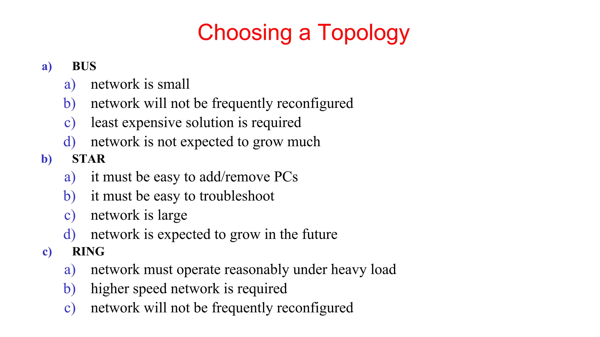 Choosing a Topology
a) BUS
a) network is small
b) network will not be frequently reconfigured
c) least expensive solution is required
d) network is not expected to grow much
b) STAR
a) it must be easy to add/remove PCs
b) it must be easy to troubleshoot
c) network is large
d) network is expected to grow in the future
c) RING
a) network must operate reasonably under heavy load
b) higher speed network is required
c) network will not be frequently reconfigured
 