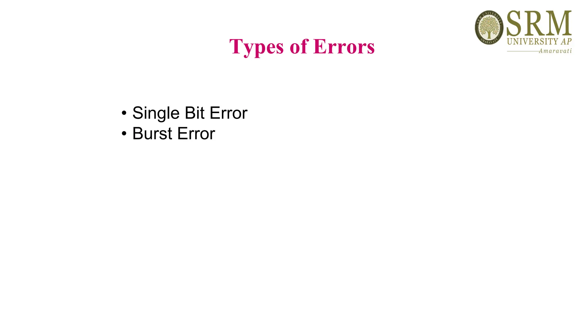 Types of Errors
• Single Bit Error
• Burst Error
 