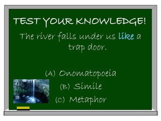 TEST YOUR KNOWLEDGE!
The river falls under us like a
trap door.
(A) Onomatopoeia
(B) Simile
(C) Metaphor
 