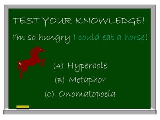TEST YOUR KNOWLEDGE!
I’m so hungry I could eat a horse!
(A) Hyperbole
(B) Metaphor
(C) Onomatopoeia
 