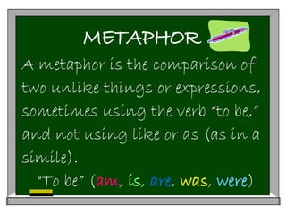 METAPHOR
A metaphor is the comparison of
two unlike things or expressions,
sometimes using the verb “to be,”
and not using like or as (as in a
simile).
“To be” (am, is, are, was, were)
 