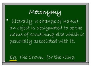 Metonymy
 (literally, a change of name),
an object is designated to be the
name of something else which is
generally associated with it.
Eg: The Crown, for the King
 