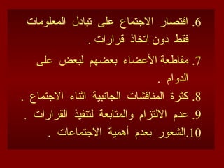 .6
‫المعلومات‬ ‫تبادل‬ ‫على‬ ‫االجتماع‬ ‫اقتصار‬
. ‫قرارات‬ ‫اتخاذ‬ ‫دون‬ ‫فقط‬
.7
‫على‬ ‫لبعض‬ ‫بعضهم‬ ‫األعضاء‬ ‫مقاطعة‬
. ‫الدوام‬
.8
. ‫االجتماع‬ ‫اثناء‬ ‫الجانبية‬ ‫المناقشات‬ ‫كثرة‬
.9
. ‫القرارات‬ ‫لتنفيذ‬ ‫والمتابعة‬ ‫االلتزام‬ ‫عدم‬
.10
. ‫االجتماعات‬ ‫أهمية‬ ‫بعدم‬ ‫الشعور‬
 