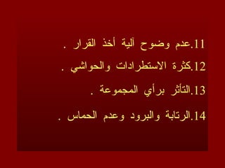 .11
. ‫القرار‬ ‫أخذ‬ ‫آلية‬ ‫وضوح‬ ‫عدم‬
.12
. ‫والحواشي‬ ‫االستطرادات‬ ‫كثرة‬
.13
. ‫المجموعة‬ ‫برأي‬ ‫التأثر‬
.14
. ‫الحماس‬ ‫وعدم‬ ‫والبرود‬ ‫الرتابة‬
 