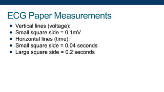 ECG Paper Measurements
● Vertical lines (voltage):
● Small square side = 0.1mV
● Horizontal lines (time):
● Small square side = 0.04 seconds
● Large square side = 0.2 seconds
 