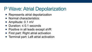 P Wave: Atrial Depolarization
● Represents atrial depolarization
● Normal characteristics:
● Amplitude: 0.1 mV
● Duration: ≤ 0.1 seconds
● Positive in all leads except aVR
● First part: Right atrial activation
● Terminal part: Left atrial activation
 