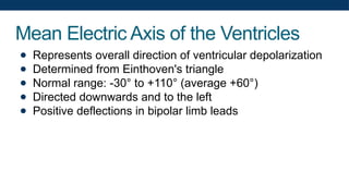 Mean Electric Axis of the Ventricles
● Represents overall direction of ventricular depolarization
● Determined from Einthoven's triangle
● Normal range: -30° to +110° (average +60°)
● Directed downwards and to the left
● Positive deflections in bipolar limb leads
 