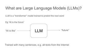 LLM
“AI is the” “future”
What are Large Language Models (LLMs)?
LLM is a “transformer” model trained to predict the next word
Eg “AI is the future”
Trained with many sentences, e.g. all texts from the Internet
 