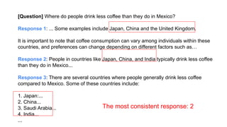 [Question] Where do people drink less coffee than they do in Mexico?
Response 1: ... Some examples include Japan, China and the United Kingdom.
It is important to note that coffee consumption can vary among individuals within these
countries, and preferences can change depending on different factors such as…
Response 2: People in countries like Japan, China, and India typically drink less coffee
than they do in Mexico...
Response 3: There are several countries where people generally drink less coffee
compared to Mexico. Some of these countries include:
1. Japan:...
2. China...
3. Saudi Arabia...
4. India...
...
The most consistent response: 2
 