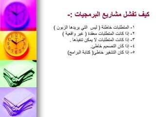 ‫البرمجيات‬ ‫مشاريع‬ ‫تفشل‬ ‫كيف‬
:
-
1
-
‫خاطئة‬ ‫المتطلبات‬
(
‫الزبون‬ ‫يريدها‬ ‫التي‬ ‫ليس‬
)
2
-
‫معقدة‬ ‫المتطلبات‬ ‫كانت‬ ‫إذا‬
(
‫واقعية‬ ‫غير‬
)
3
-
‫تنفيذها‬ ‫يمكن‬ ‫ال‬ ‫المتطلبات‬ ‫كانت‬ ‫إذا‬
.
4
-
‫خاطئ‬ ‫التصميم‬ ‫كان‬ ‫إذا‬
.
5
-
‫خاطئ‬ ‫التشفير‬ ‫كان‬ ‫إذا‬
(
‫البرامج‬ ‫كتابة‬
)
 