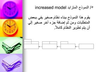 ‫ببعض‬ ‫يفي‬ ‫صغير‬ ‫نظام‬ ‫ببناء‬ ‫النموذج‬ ‫هذا‬ ‫يقوم‬
‫إلي‬ ‫صغير‬ ‫آخر‬ ‫جزء‬ ‫إضافة‬ ‫ثم‬ ‫ومن‬ ‫المتطلبات‬
ً‫ال‬‫كام‬ ‫النظام‬ ‫تطوير‬ ‫يتم‬ ‫أن‬
.
5
/
‫المتزايد‬ ‫النموذج‬
increased model
 