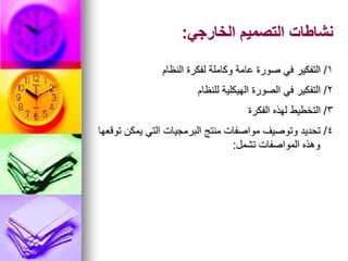 ‫الخارجي‬ ‫التصميم‬ ‫نشاطات‬
:
1
/
‫النظام‬ ‫لفكرة‬ ‫وكاملة‬ ‫عامة‬ ‫صورة‬ ‫في‬ ‫التفكير‬
2
/
‫للنظام‬ ‫الهيكلية‬ ‫الصورة‬ ‫في‬ ‫التفكير‬
3
/
‫الفكرة‬ ‫لهذه‬ ‫التخطيط‬
4
/
‫توقعها‬ ‫يمكن‬ ‫التي‬ ‫البرمجيات‬ ‫منتج‬ ‫مواصفات‬ ‫وتوصيف‬ ‫تحديد‬
‫تشمل‬ ‫المواصفات‬ ‫وهذه‬
:
 