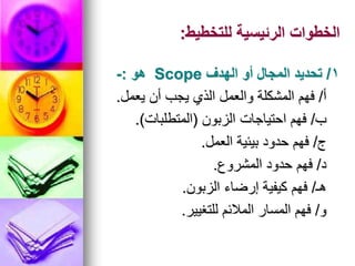 ‫للتخطيط‬ ‫الرئيسية‬ ‫الخطوات‬
:
1
/
‫الهدف‬ ‫أو‬ ‫المجال‬ ‫تحديد‬
Scope
‫هو‬
:
-
‫أ‬
/
‫يعمل‬ ‫أن‬ ‫يجب‬ ‫الذي‬ ‫والعمل‬ ‫المشكلة‬ ‫فهم‬
.
‫ب‬
/
‫الزبون‬ ‫احتياجات‬ ‫فهم‬
(
‫المتطلبات‬
.)
‫ج‬
/
‫العمل‬ ‫بيئية‬ ‫حدود‬ ‫فهم‬
.
‫د‬
/
‫المشروع‬ ‫حدود‬ ‫فهم‬
.
‫هـ‬
/
‫الزبون‬ ‫إرضاء‬ ‫كيفية‬ ‫فهم‬
.
‫و‬
/
‫للتغيير‬ ‫المالئم‬ ‫المسار‬ ‫فهم‬
.
 