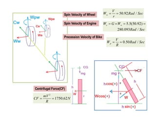 2
1750.62
mV
CF N
R
 
Centrifugal Force(CF)
50.92 /
w
V
W Rad Sec
r
 
0.50 /
p
V
W Rad Sec
R
 
5.5(50.92)
280.093 /
e w
W G W
Rad Sec
   
Spin Velocity of Wheel
Spin Velocity of Engine
Precession Velocity of Bike
 